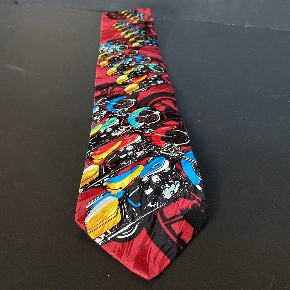 Harley Davidson Ralph Marlin Neon Tanks 1993 Line Up Silk Tie Biker Red Blue